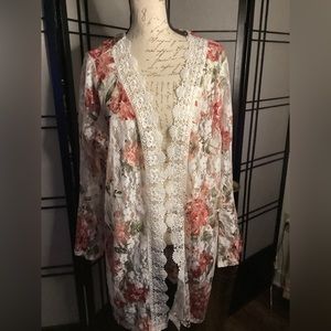 2X LACE FLORAL PRINT KIMONO CARDIGAN